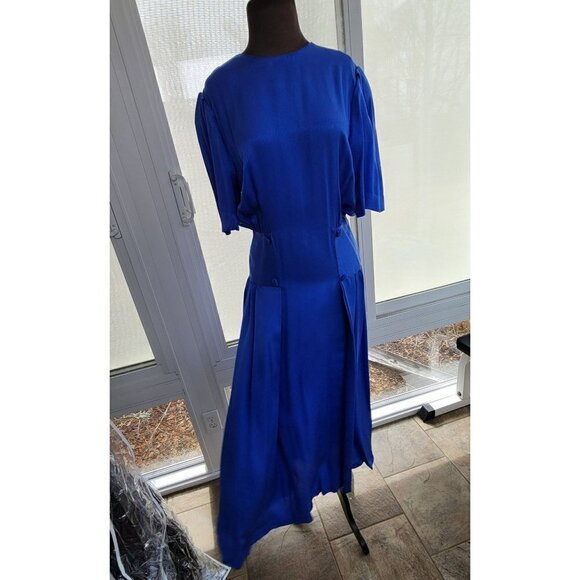 Vintage 100% Silk Blue Dress by Designer Frank Masandrea - MD/8 - Picture 3 of 12
